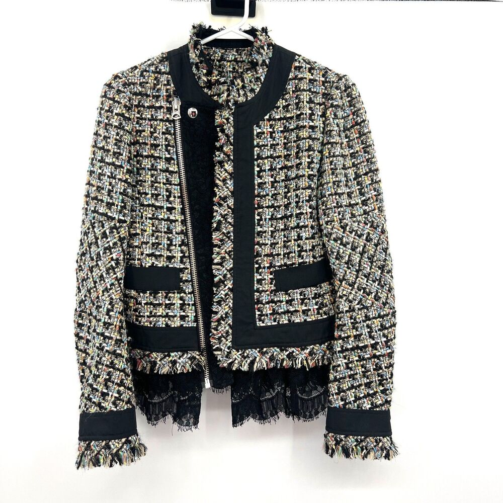 BENETTI Multicolor Tweed Boucle Zip Jacket Lace Fringe Hem Womens S Chanel Style